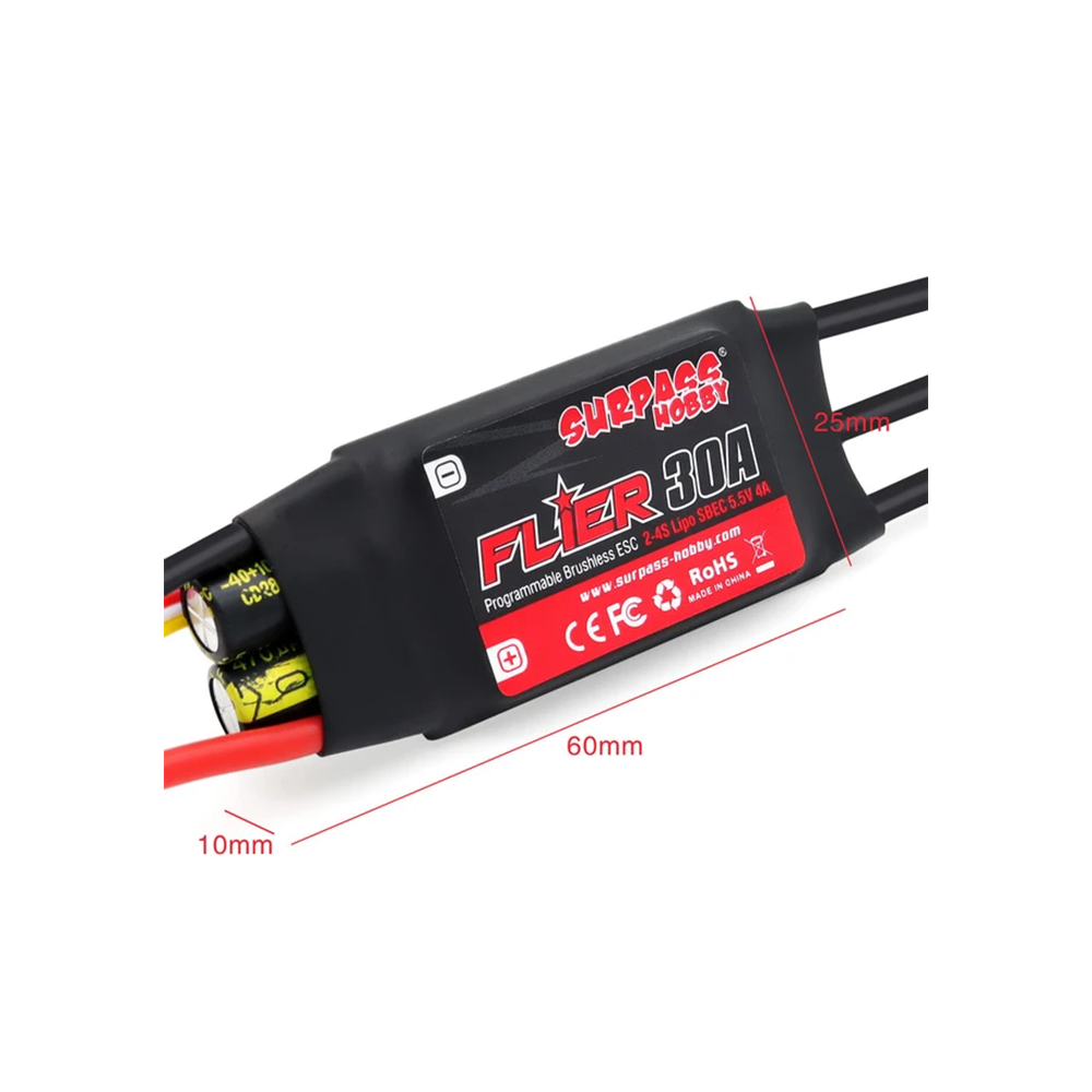 SURPASS Flier 30A ESC Li:2-4S NiNh:5-12NC SBEC:5.5V/4A 60*25*10mm 3.5 Connector-image-14