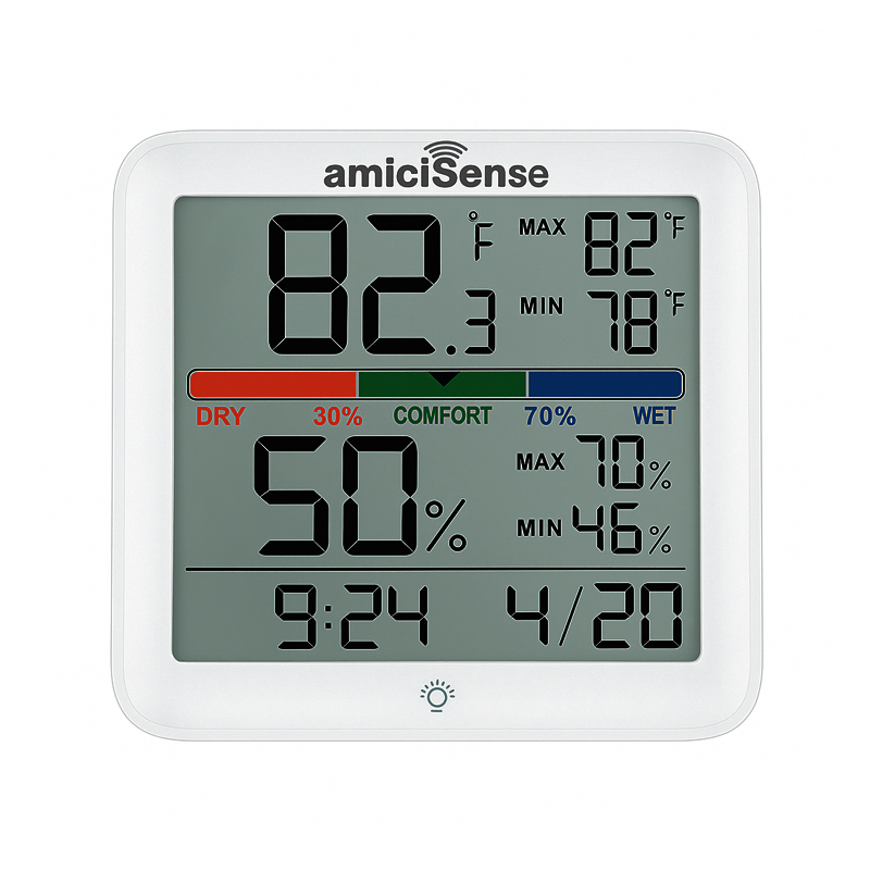 amiciSense Digital Hygrometer Thermometer, AS-55 Temperature and Humidity Monitoring Weather Station with Clock, Plastic, Pack of 1-image-36