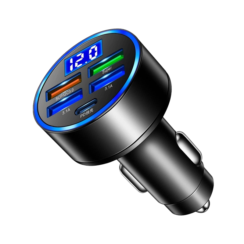 amiciAuto Car Charger, Universal 5-Port QC 3.0 Car Fast Charger with 4 USB and 1 Type-C Port for All Your Devices with Battery Voltage Monitoring-Black-picture-32